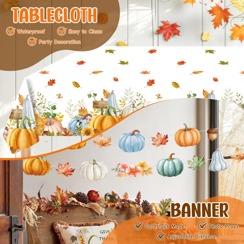 Teeloray 99 Pcs Fall Thanksgiving Plates and Napkins Party Supplies, Autumn Watercolor Pumpkin Leaves Disposable Tableware Set with Banner Tablecloth, Fall Decor Harvest Party Decorations for Table, Serves 24 - Image 4